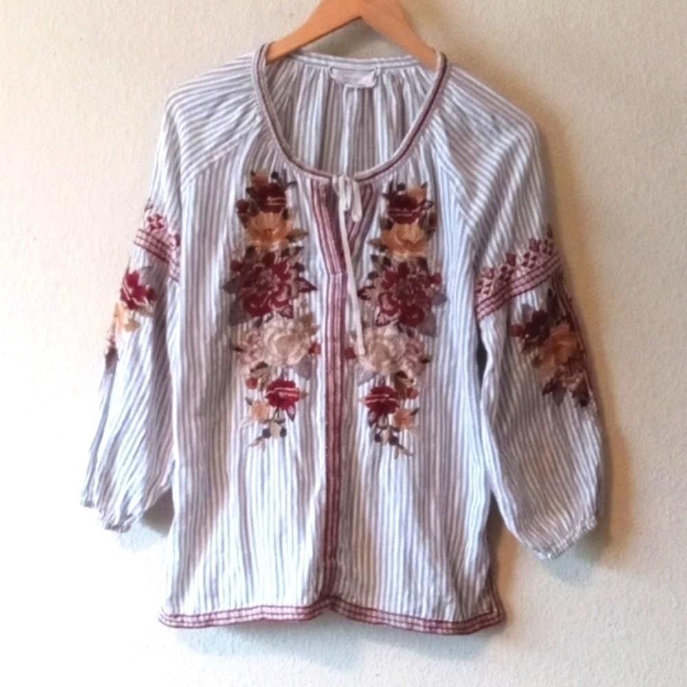 Johnny Was Striped Tunic with Floral Embroidery - Blue and Brown